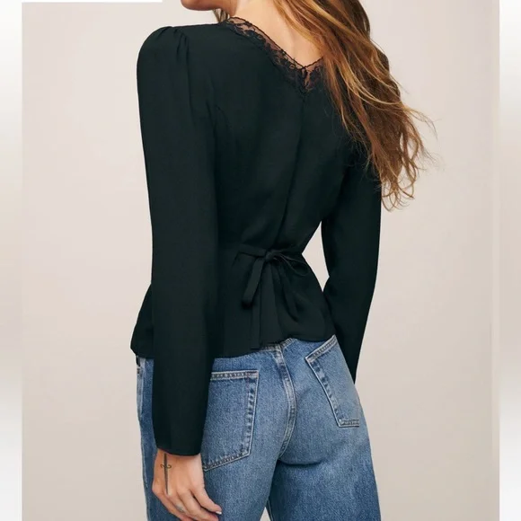 Reformation Black Lace-Trim Tie Front Blouse - Picture 3 of 8